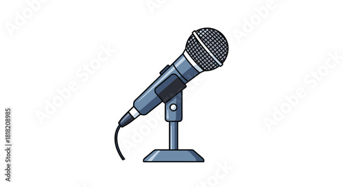 A professional dynamic microphone on a small desktop stand illustrated in a clean cartoon style on a plain white background.