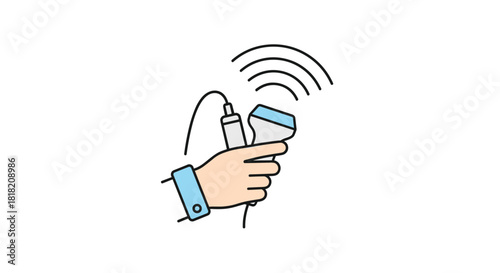 A hand holding an ultrasound transducer probe emitting sound waves a medical icon for diagnostics pregnancy scans and sonography.