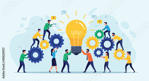 Teamwork creating innovative solutions with gears leading to a bright idea and problem solving together in a modern business environment