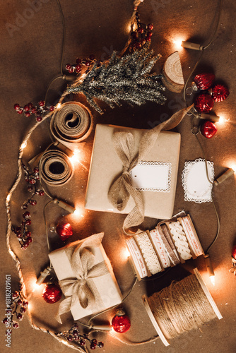 Banner flat lay. Preparation for a holiday season. Boxing Day concept.