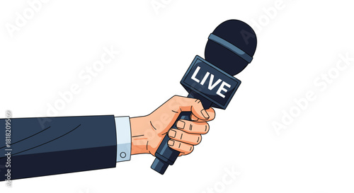 A cartoon illustration of a reporter's hand in a suit sleeve holding a black microphone with a 'LIVE' sign for a news broadcast.