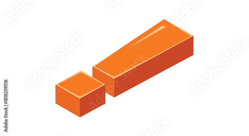 A bold orange isometric exclamation mark symbol casting a subtle shadow used to represent a warning alert or an important message.
