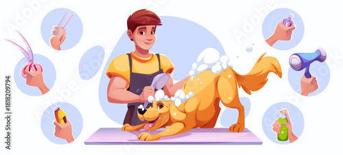 Professional pet grooming illustration with cute dog in salon. Vector cartoon character of groomer washing puppy with shampoo and shower. Animal spa care service design with modern equipment.
