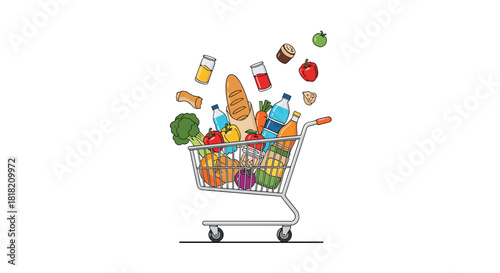 Dynamic cartoon illustration of various fresh grocery items like bread fruit and drinks magically flying into a metal supermarket cart.