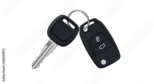 Simple cartoon illustration of a modern car key and remote fob attached to a metal key ring for starting a vehicle and security.
