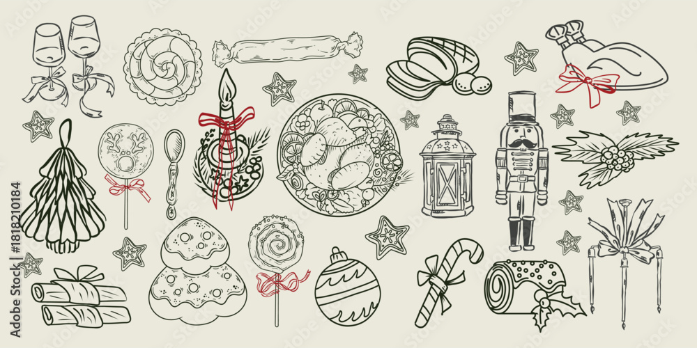 Φωτογραφία Hand-drawn vintage Christmas doodle set featuring festive foods, sweets, ornaments, stars, candles, nutcracker, lantern, and holiday décor elements in a cozy traditional aesthetic