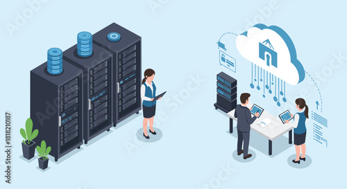 Data center team working with cloud computing server technology, managing network infrastructure and providing secure IT solutions online