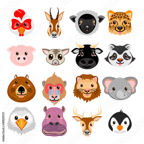 Cute cartoon animal faces vector set with colorful and friendly expressions. Perfect for kids education, stickers, games, books, nursery decor, posters, and learning materials. Fully editable and isol