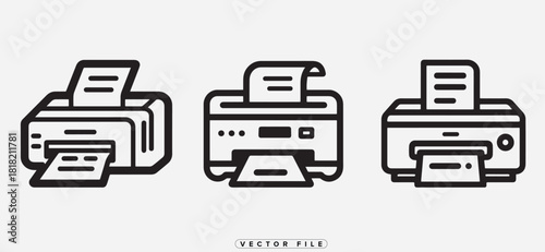 Three different styles of printers illustrated in a simple black and white design