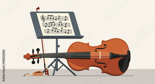 Classic violin resting near sheet music stand, evoking the serene beauty of music and artistry, perfect for concert or classical themes