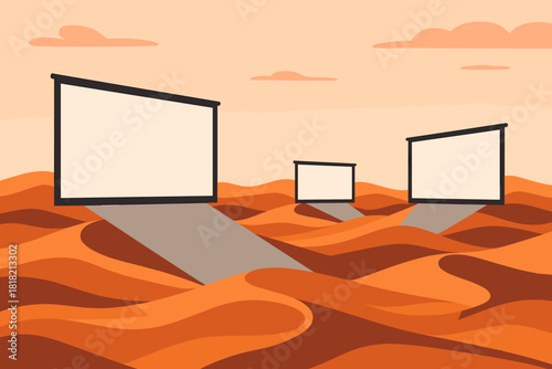 Minimalist projector screens casting shadows over abstract dunes