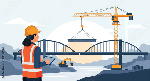 Professional construction worker oversees bridge building with crane and excavator for infrastructure projects and civil engineering success today