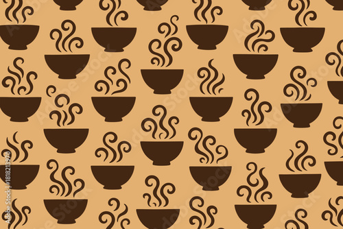 Seamless brown soup bowl icons with steam on kraft background