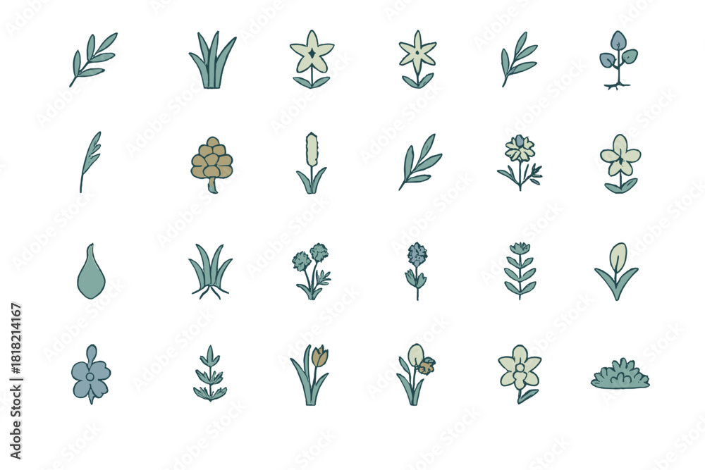 Fototapeta premium Minimal plant and flower icon set on teal‑green gradient background