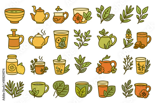 Herbal tea and botanical drink icons in hand-drawn style