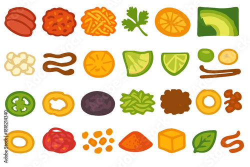 Hand-drawn vegetable and topping icons on colorful gradient background