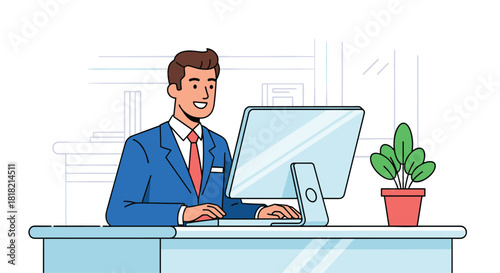 Professional businessman working at computer in modern office, creating success and innovation with a touch of greenery and optimism