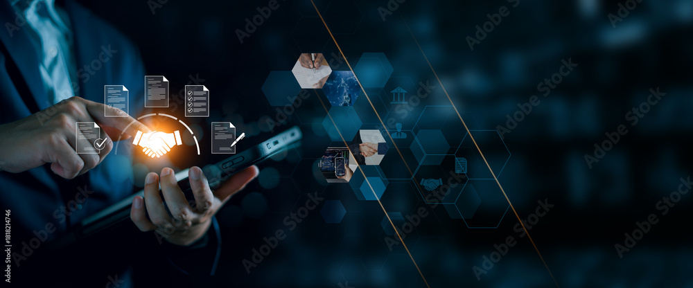 Εκτύπωση καμβά Businessman manage digital procurement process with business contract, invoice, approval documents checklist, representing sourcing, vendor management, supply chain