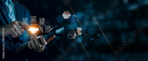 Businessman manage digital procurement process with business contract, invoice, approval documents checklist, representing sourcing, vendor management, supply chain.