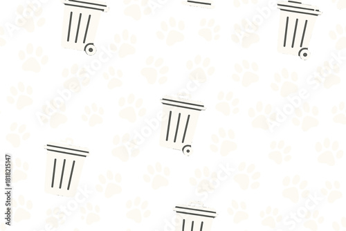 Trash cans and pet paw prints seamless pattern on beige