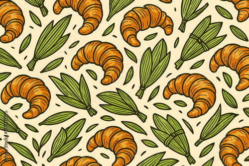 Hand-drawn croissants and herb bundles seamless pattern