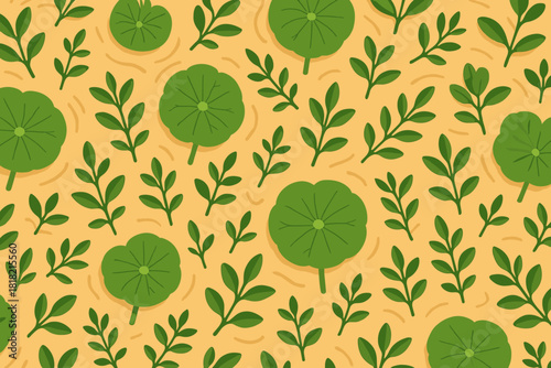 Seamless pattern of leafy herbs and lotus on sandy background