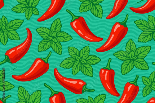 Seamless pattern of red chili peppers and mint leaves