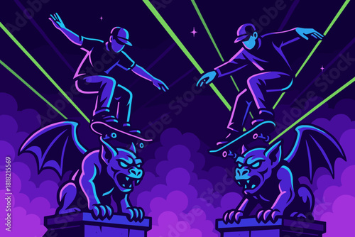 Skaters performing tricks on neon gargoyles in fantasy scene