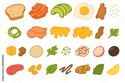 Hand-drawn sandwich and salad ingredient icons set