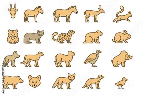 Set of wild animal cartoon icons with hand-drawn style