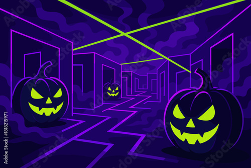 Glowing Halloween pumpkins in neon laser maze