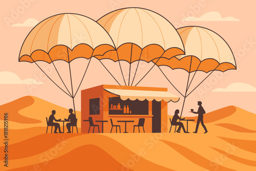 Floating desert café with parachutes and seated customers