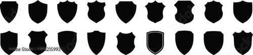 Shield icon set, black silhouette collection, heraldic shapes, emblem design, protection symbol, medieval graphic, security illustration elements