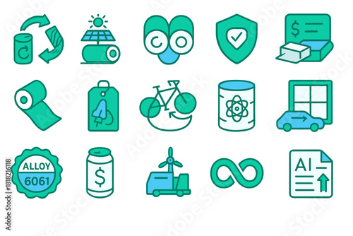 Colored aluminum and sustainability icons on green background