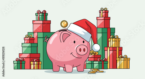 Happy holiday savings featuring a cute piggy bank wearing a Santa hat surrounded by colorful gifts, perfect for financial planning campaigns
