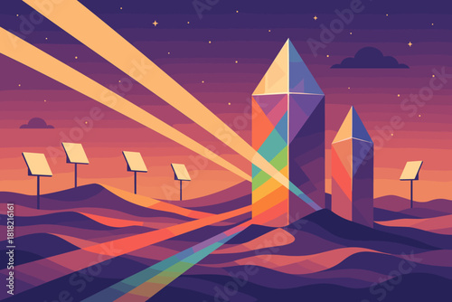 Solar panels beaming light into prisms creating rainbows at dusk