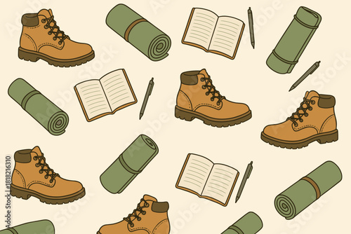 Seamless outdoor gear pattern with boots, journals and mats