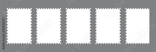 Stamp perforated edge icon set, blank postage shapes, label graphic, philately design, mail illustration, vintage template elements