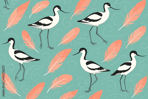 Seamless pattern of avocets and coral feathers on teal background