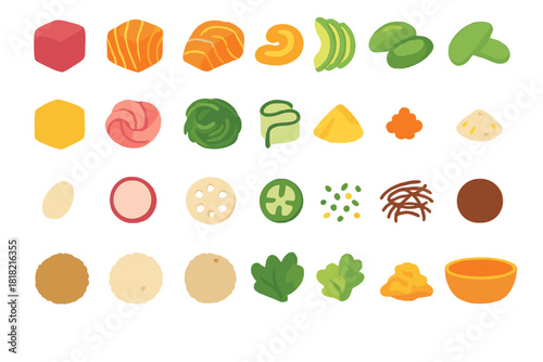 Assorted food ingredient icons in colorful gradient style