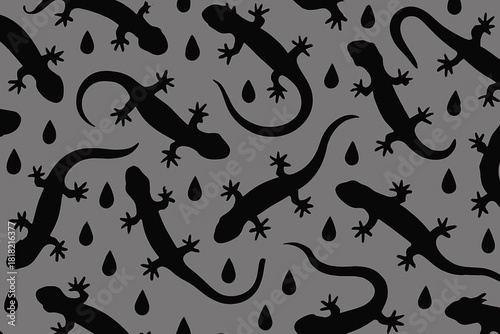 Seamless black gecko and raindrop pattern on dark gray background