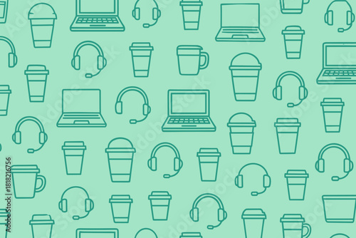 Line art pattern of laptops, coffee cups, and headsets