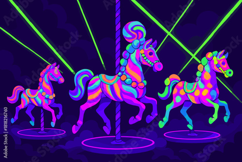 Psychedelic carousel horses with glowing patterns and lights