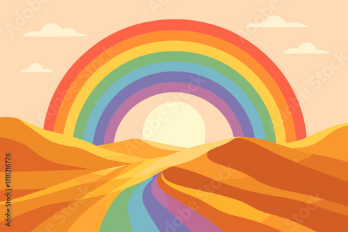 Minimal desert hills with bold rainbow and rising sun