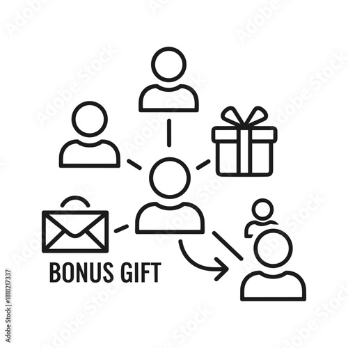 Line icon illustrating referral program with bonus gift and network connection