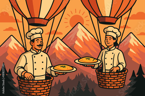 Chefs in hot air balloons serving dishes over mountain view