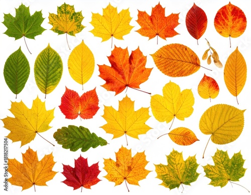 Assorted autumn leaves, green, yellow, orange, red, flat lay
