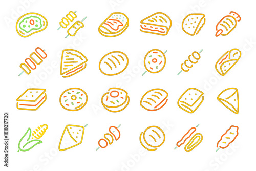 Neon food icon set with glowing street snacks on dark background