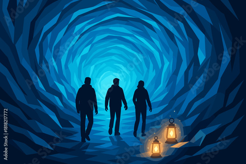 Three explorers walking in glowing blue ice cave with lanterns