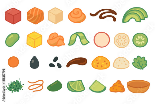 Cartoon sushi and topping icon set with soft gradient backdrop
